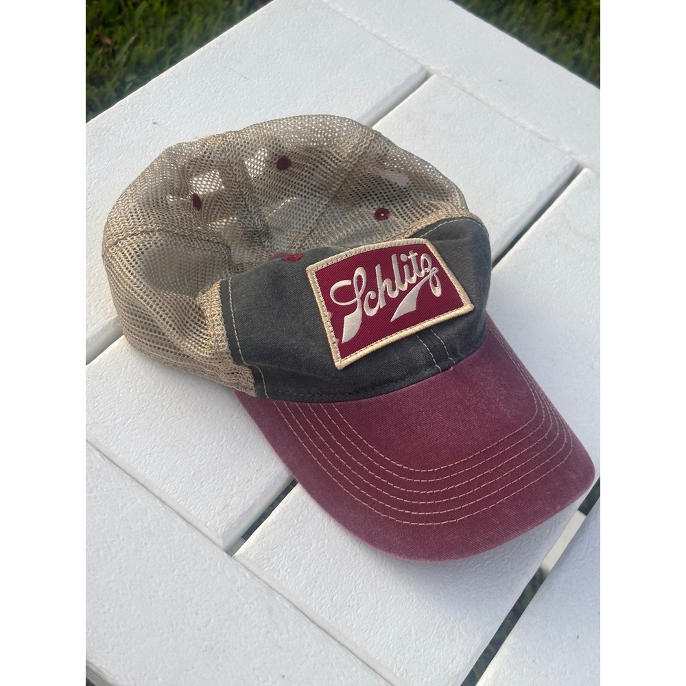 Ouray Schlitz Beer Trucker Hat Vintage Style Mesh Back Snapback Burgundy Grey